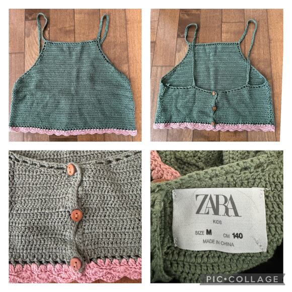 zara crochet crop top in green with pink trim size medium - Picture 1 of 10